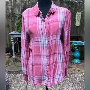Revolve Sanctuary Salmon Babydoll Plaid Riverside Smocked Shirt Women’s Size L